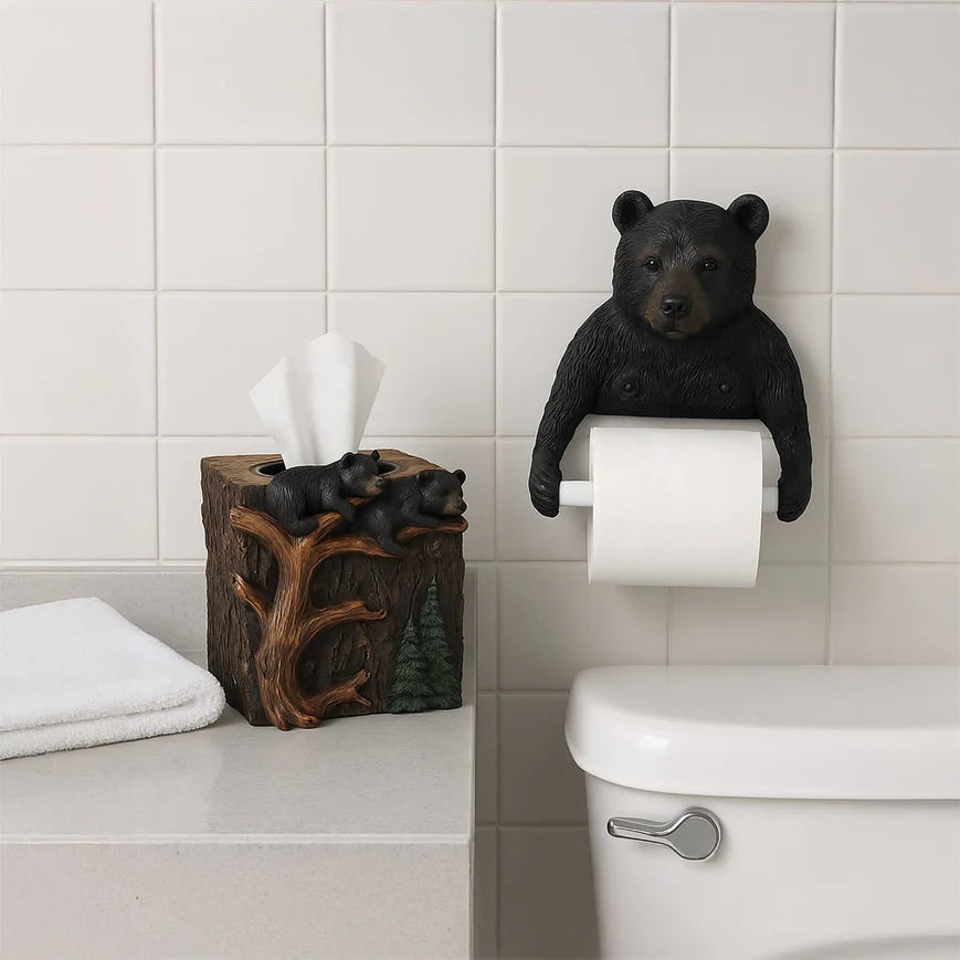 Set of 2 Bear Tissue Box Cover & Toilet Paper Holder, Rustic
