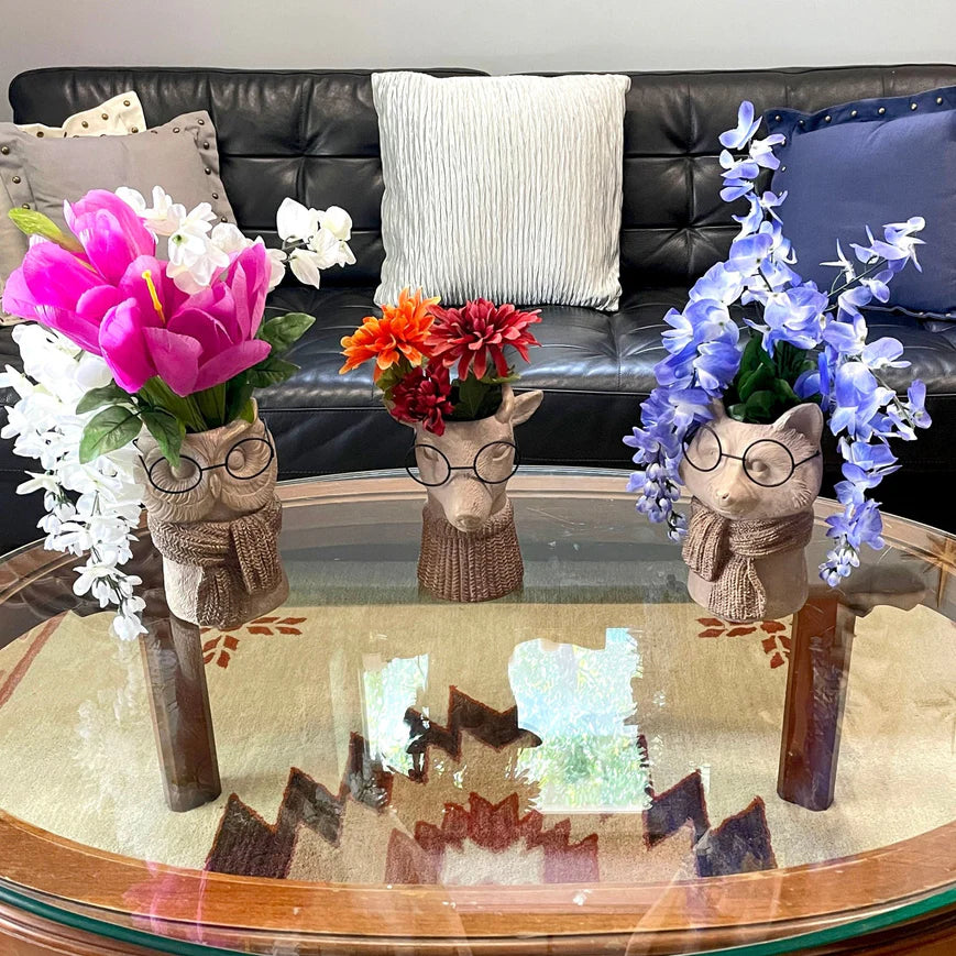 Bespectacled Deer Cement Vase 8.7 Inch - Gold Accents, Knit Scarf, Real Wire Glasses, Whimsical Animal Planter, Distressed Taupe Decorative Vase for Indoor Plants, Unique Gift - Home or Office