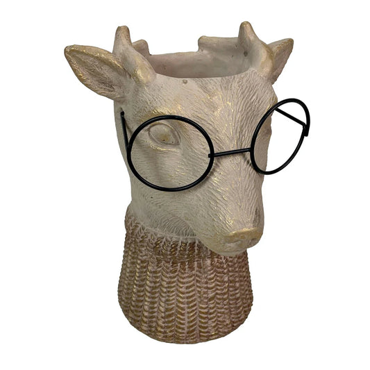 Bespectacled Deer Cement Vase 8.7 Inch - Gold Accents, Knit Scarf, Real Wire Glasses, Whimsical Animal Planter, Distressed Taupe Decorative Vase for Indoor Plants, Unique Gift - Home or Office