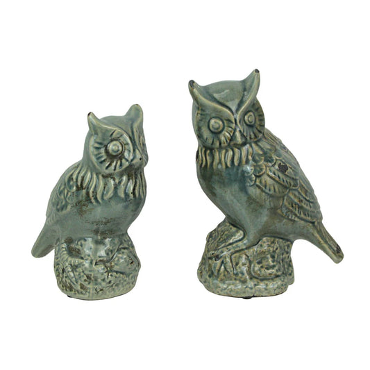Set of 2 Grey Crackle Finish Ceramic Owl Statues