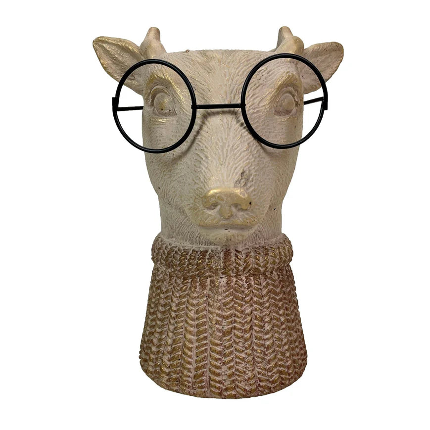 Bespectacled Deer Cement Vase 8.7 Inch - Gold Accents, Knit Scarf, Real Wire Glasses, Whimsical Animal Planter, Distressed Taupe Decorative Vase for Indoor Plants, Unique Gift - Home or Office