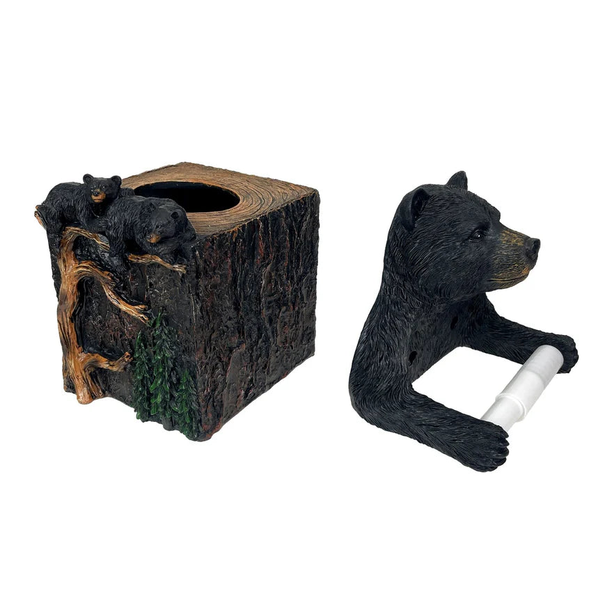 Set of 2 Bear Tissue Box Cover & Toilet Paper Holder, Rustic