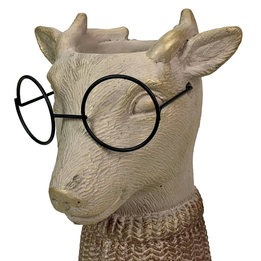 Bespectacled Deer Cement Vase 8.7 Inch - Gold Accents, Knit Scarf, Real Wire Glasses, Whimsical Animal Planter, Distressed Taupe Decorative Vase for Indoor Plants, Unique Gift - Home or Office