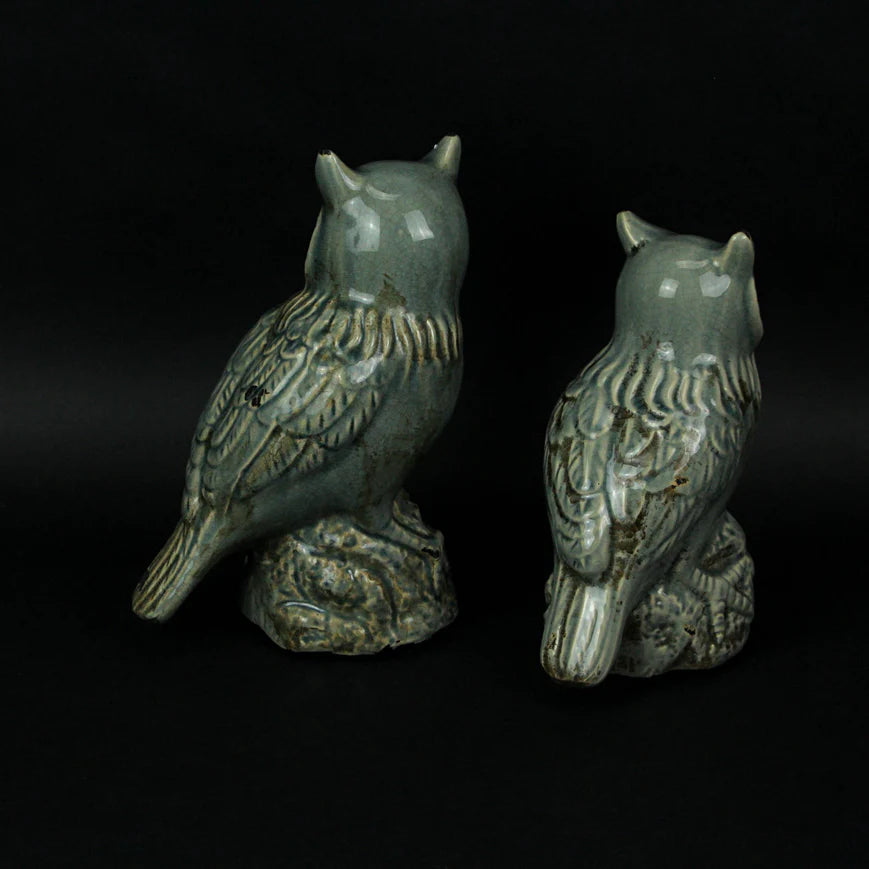 Set of 2 Grey Crackle Finish Ceramic Owl Statues