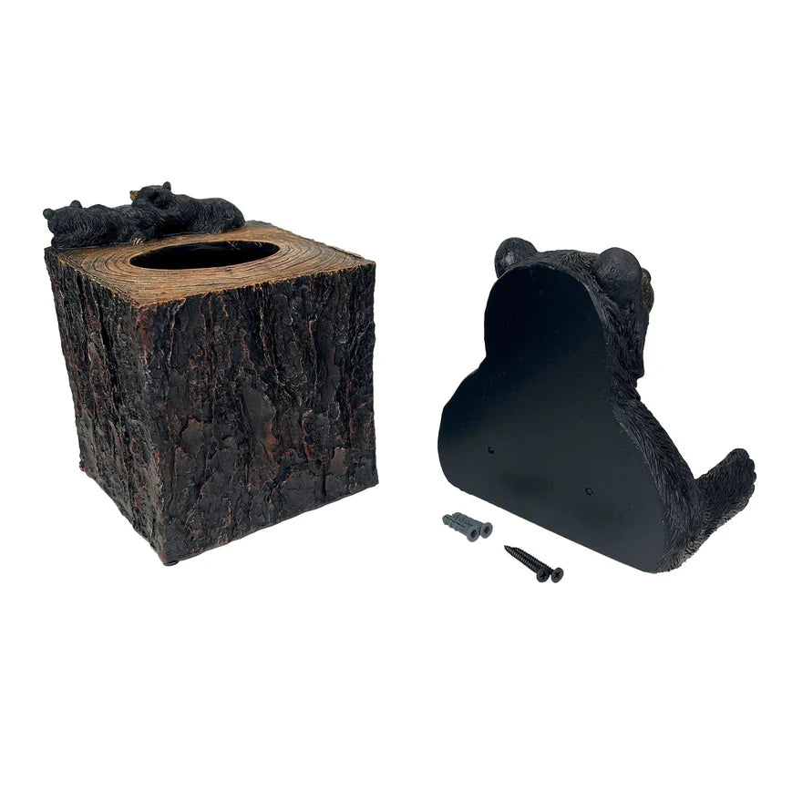 Set of 2 Bear Tissue Box Cover & Toilet Paper Holder, Rustic